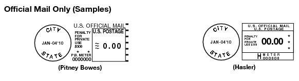 These graphics show Official Mail Metered Postage Designs by Pitney Bowes and Hasler.