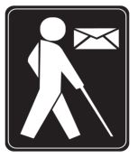 Blind figure with cane and envelope label.