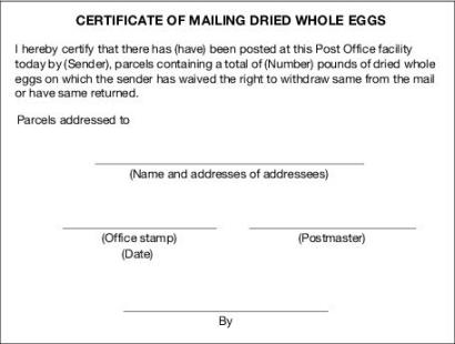 Exhibit 643.22. Certificate of Mailing Dried Whole Eggs